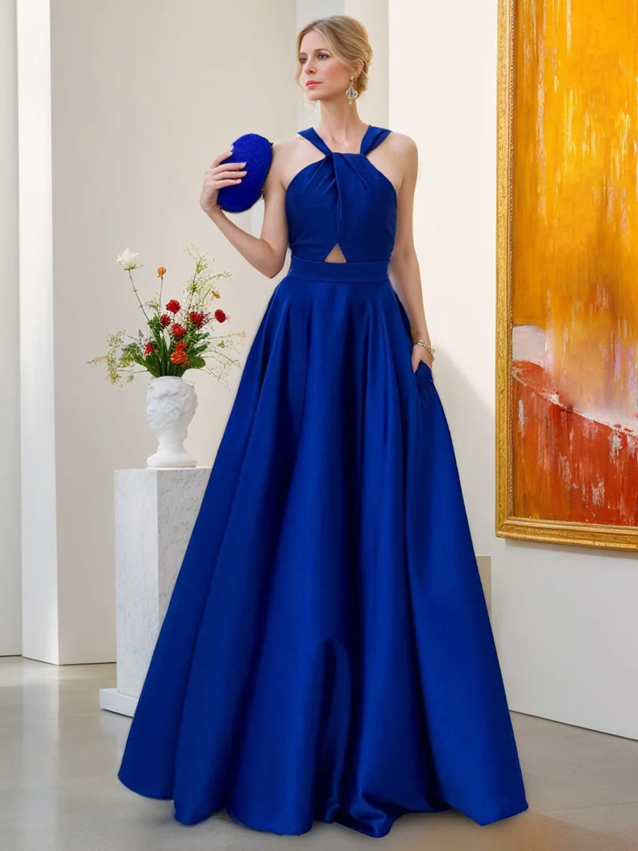 Elegant A Line Halter Neck Sleeveless Satin Floor Length Evening Dress