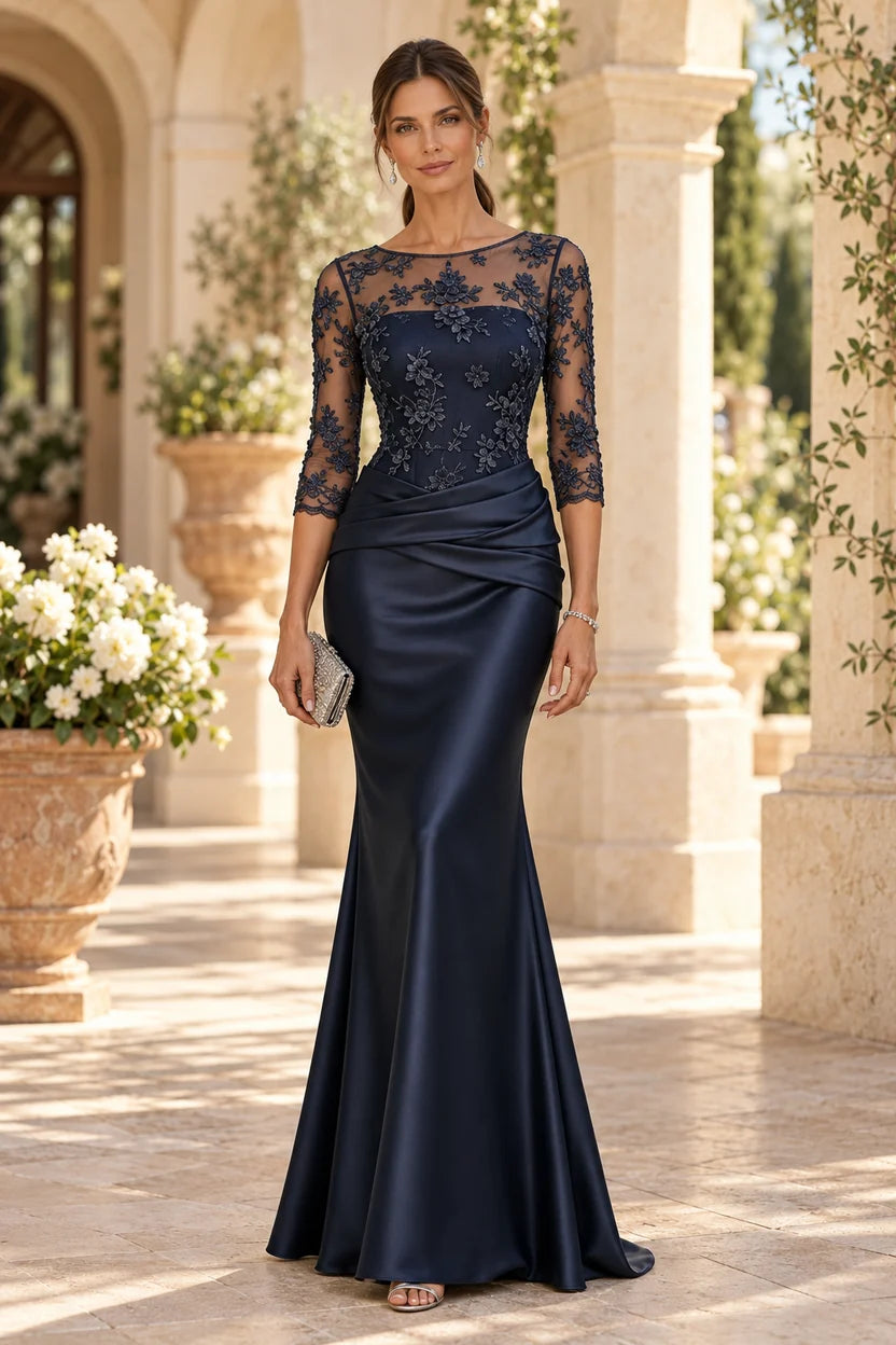 Loverlm navy blue Mother of the Bride dress with illusion round neckline, floral lace three-quarter sleeves, ruched waist and satin mermaid skirt front view