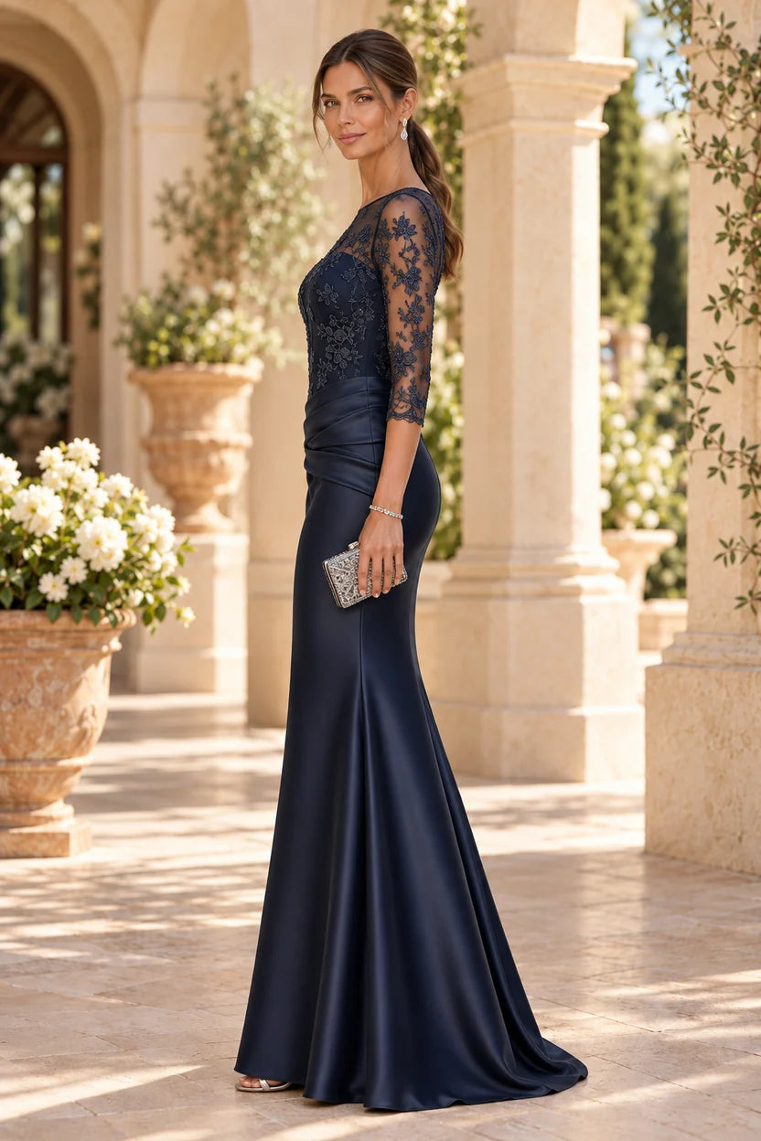 Elegant Mermaid Illusion Neck Lace Sleeve Satin Mother of the Bride Dress