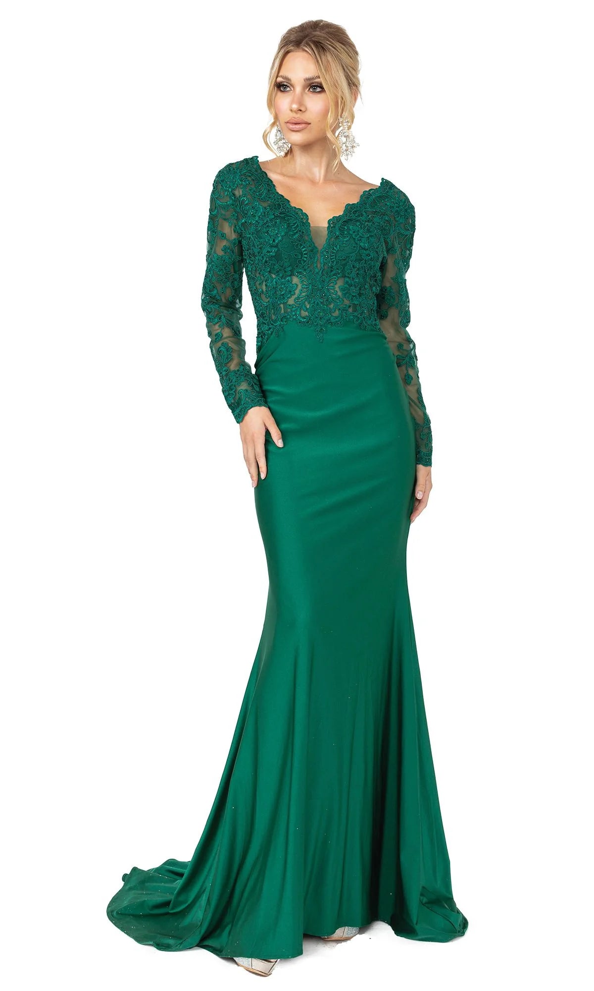 Elegant Mermaid V Neck Long Sleeve Lace Floor Length Evening Dress