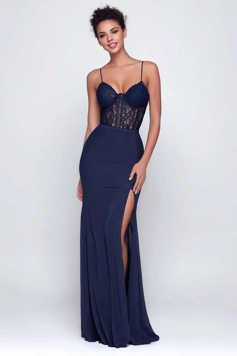 Loverlm navy blue mermaid evening dress with V-neck, spaghetti straps, sheer floral lace bodice, thigh-high slit and floor-length skirt