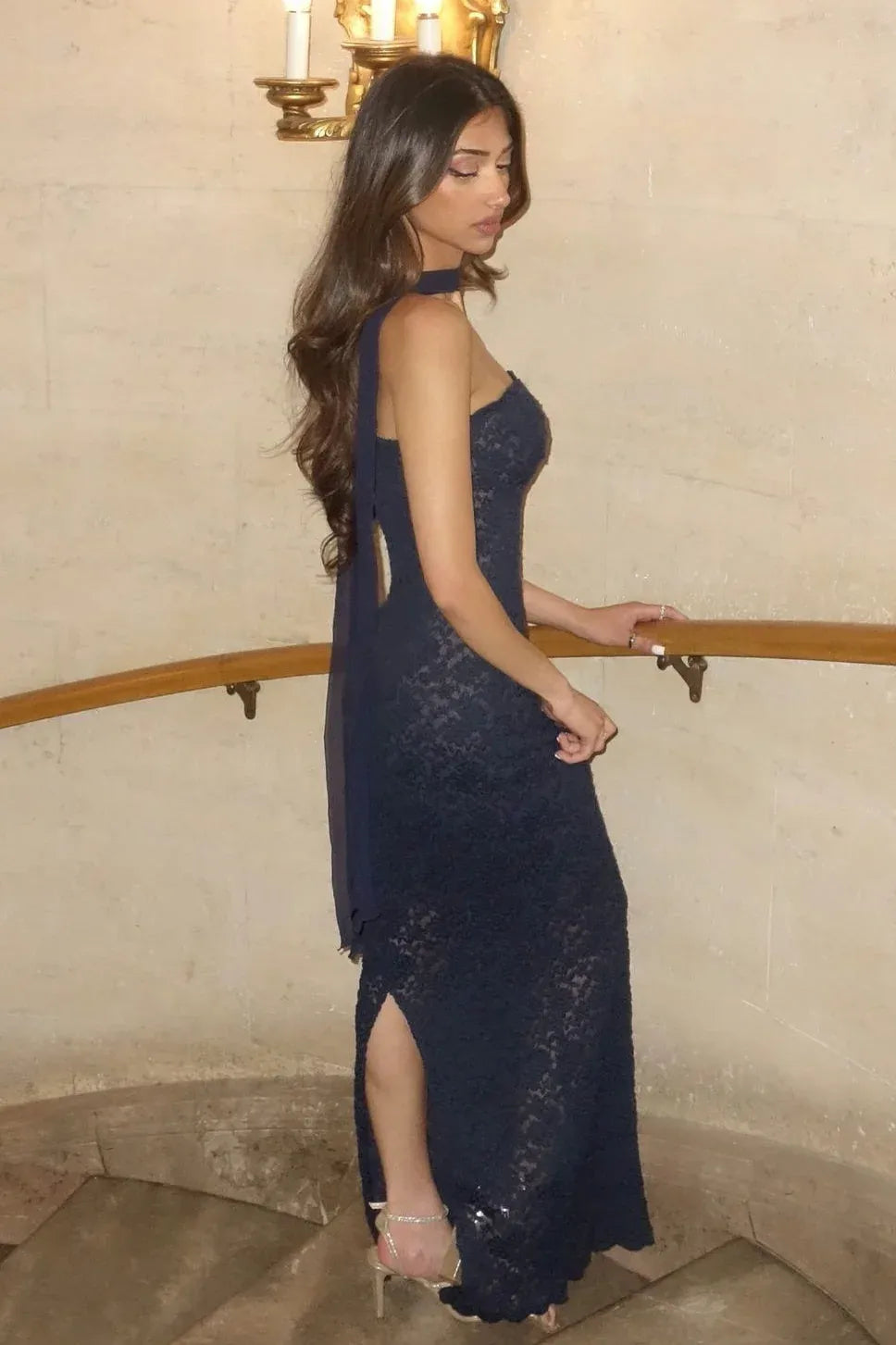 Loverlm Elegant Lace Sheath Strapless Sweetheart Open Back Long Party Dress