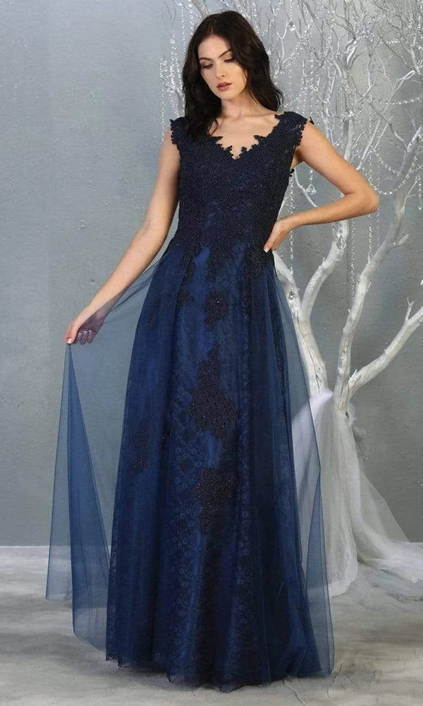 Loverlm navy blue lace V-neck A-line floor-length evening dress front view