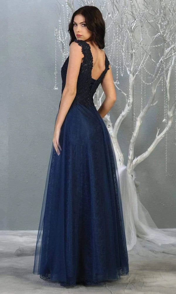 Elegant A-Line V-Neck Sleeveless V-Back Tulle Floor-Length Evening Dress