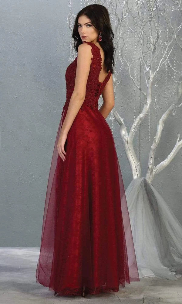 Elegant A-Line V-Neck Sleeveless V-Back Tulle Floor-Length Evening Dress