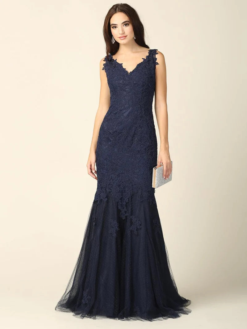 Loverlm navy blue lace evening dress with V-neck sleeveless fitted mermaid silhouette and soft tulle floor-length hem