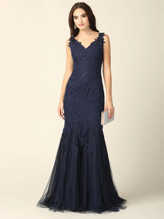 Loverlm navy blue lace evening dress with V-neck sleeveless fitted mermaid silhouette and soft tulle floor-length hem