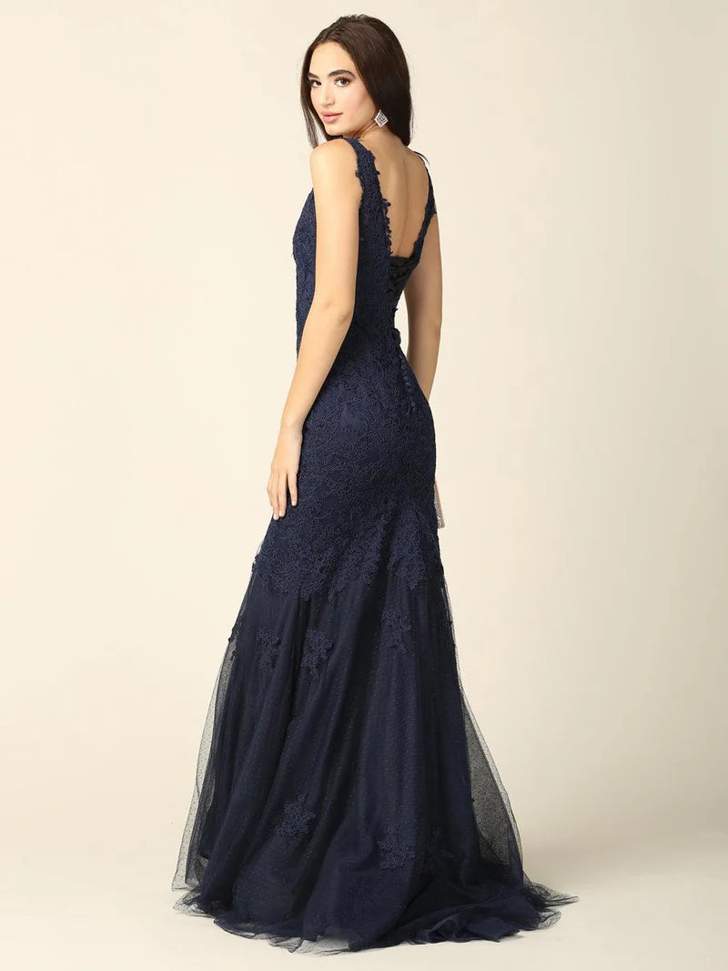 Elegant Mermaid V-Neck Sleeveless V-Back Lace Floor-Length Evening Dress