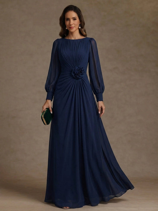 Loverlm navy blue jewel neck bishop sleeve floral ruched Mother of the Bride dress front view