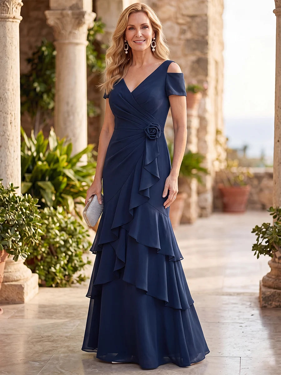 Navy blue mother of the bride dress with V-neck, cold shoulder sleeves, waist flower, and layered ruffle skirt by Loverlm