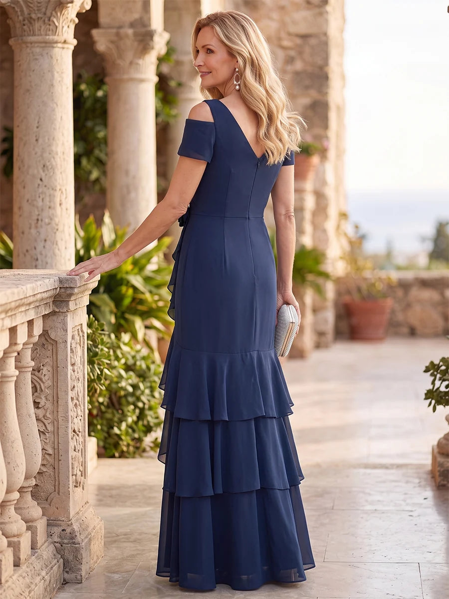 Elegant A-Line V-Neck Short Sleeve Chiffon Floor-Length Evening Dress