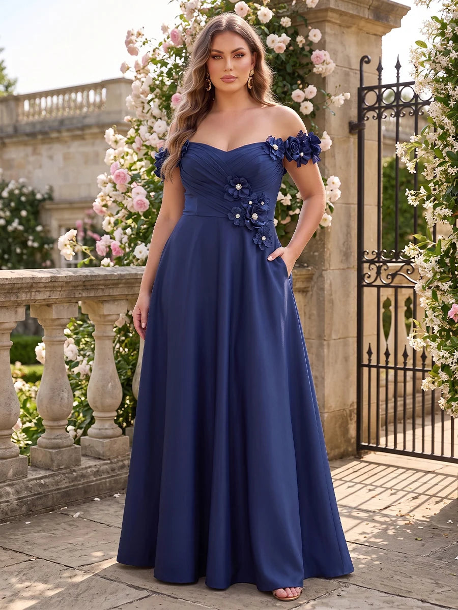 Romantic A-Line Sweetheart Off Shoulder Chiffon Floor Length Wedding Guest Dress