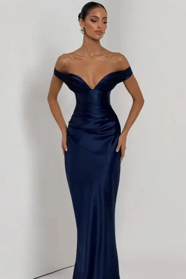 Loverlm navy blue satin evening dress with sweetheart off-shoulder neckline ruched fitted waist and floor-length sheath silhouette