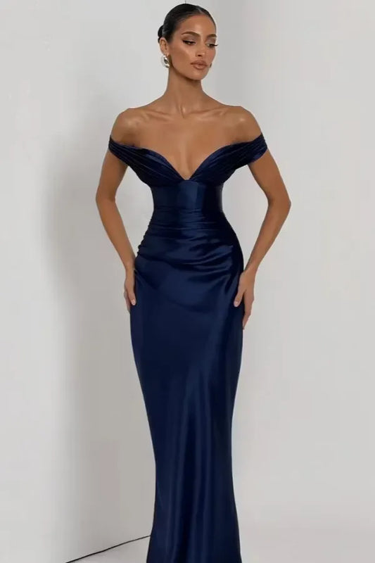 Loverlm navy blue satin evening dress with sweetheart off-shoulder neckline ruched fitted waist and floor-length sheath silhouette