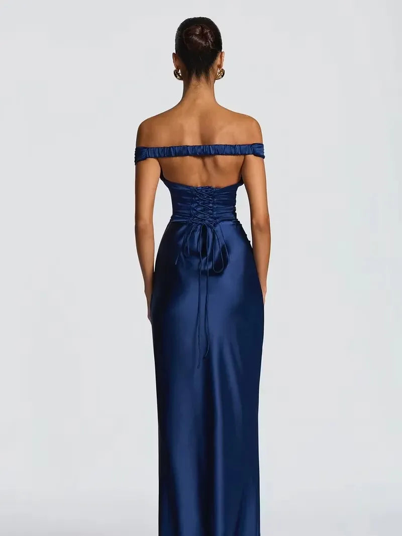 Elegant Satin Sheath Sweetheart Off-Shoulder Lace-Up Floor-Length Evening Dress