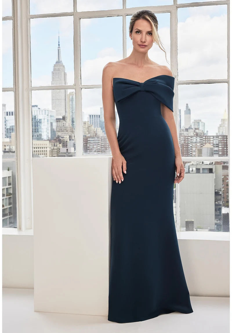 Loverlm navy blue Mother of the Bride dress with off-the-shoulder folded neckline fitted sheath silhouette and floor-length hem