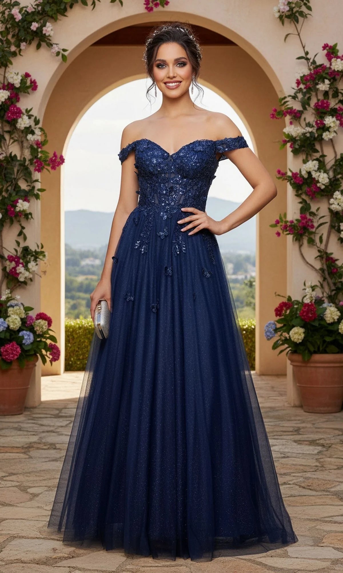 Loverlm navy blue A-line prom dress with sweetheart neckline, off-shoulder sleeves, embellished corset bodice, floral lace and floor-length glitter tulle skirt