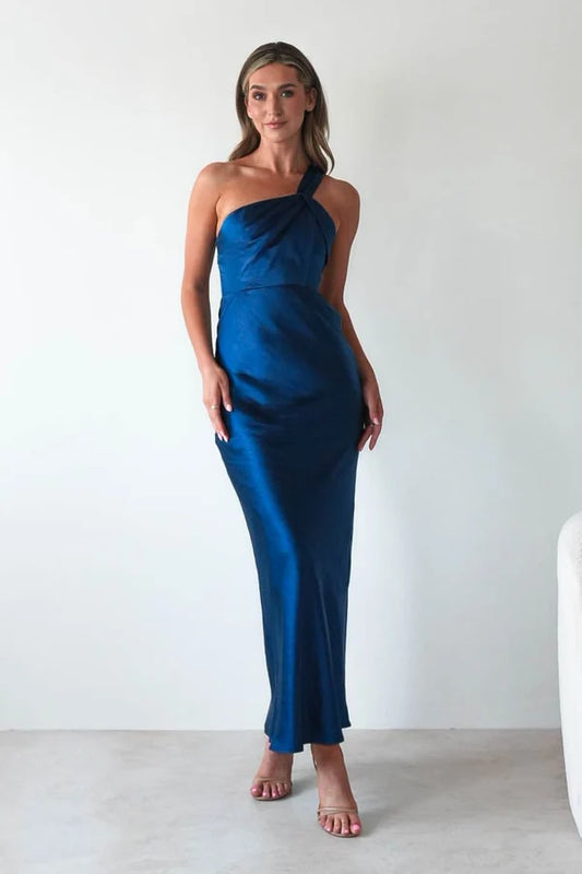 Loverlm navy blue satin-look wedding guest maxi dress with asymmetric one-shoulder neckline, draped bodice and slim column silhouette front view
