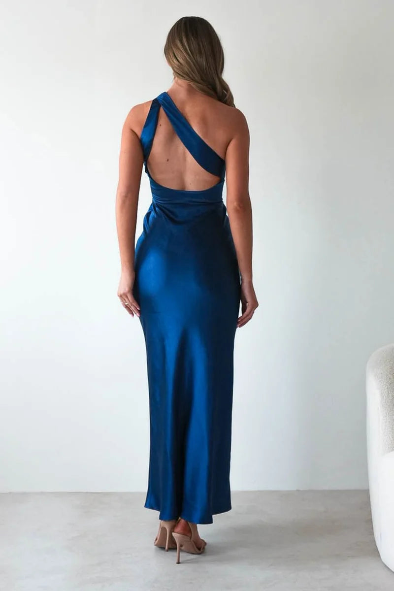 Elegant Column One Shoulder Sleeveless Cutout Back Maxi Wedding Guest Dress