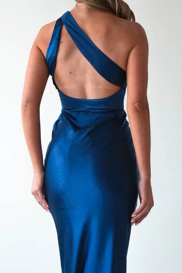 Elegant Column One Shoulder Sleeveless Cutout Back Maxi Wedding Guest Dress