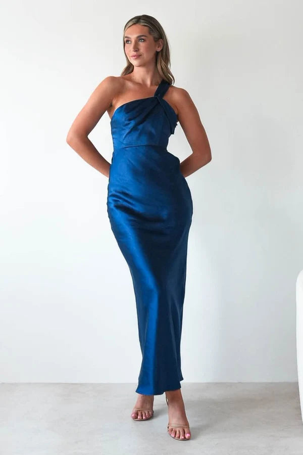 Elegant Column One Shoulder Sleeveless Cutout Back Maxi Wedding Guest Dress