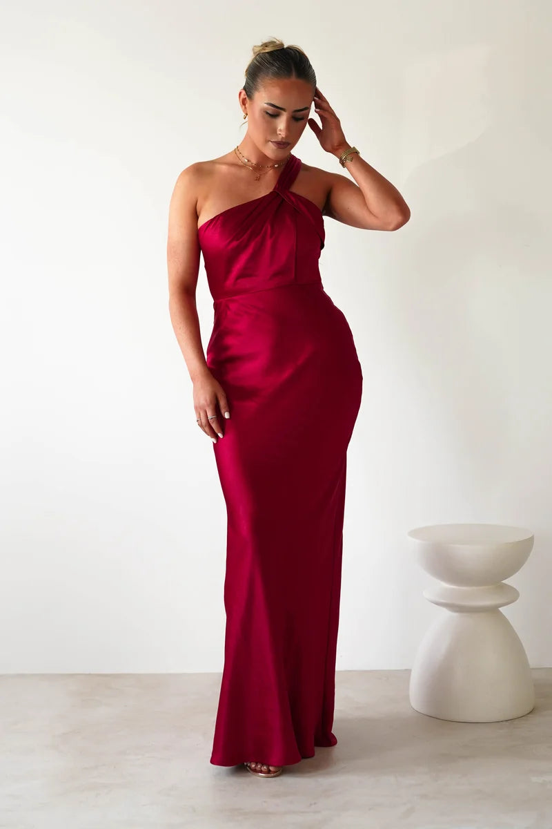 Elegant Column One Shoulder Sleeveless Cutout Back Maxi Wedding Guest Dress
