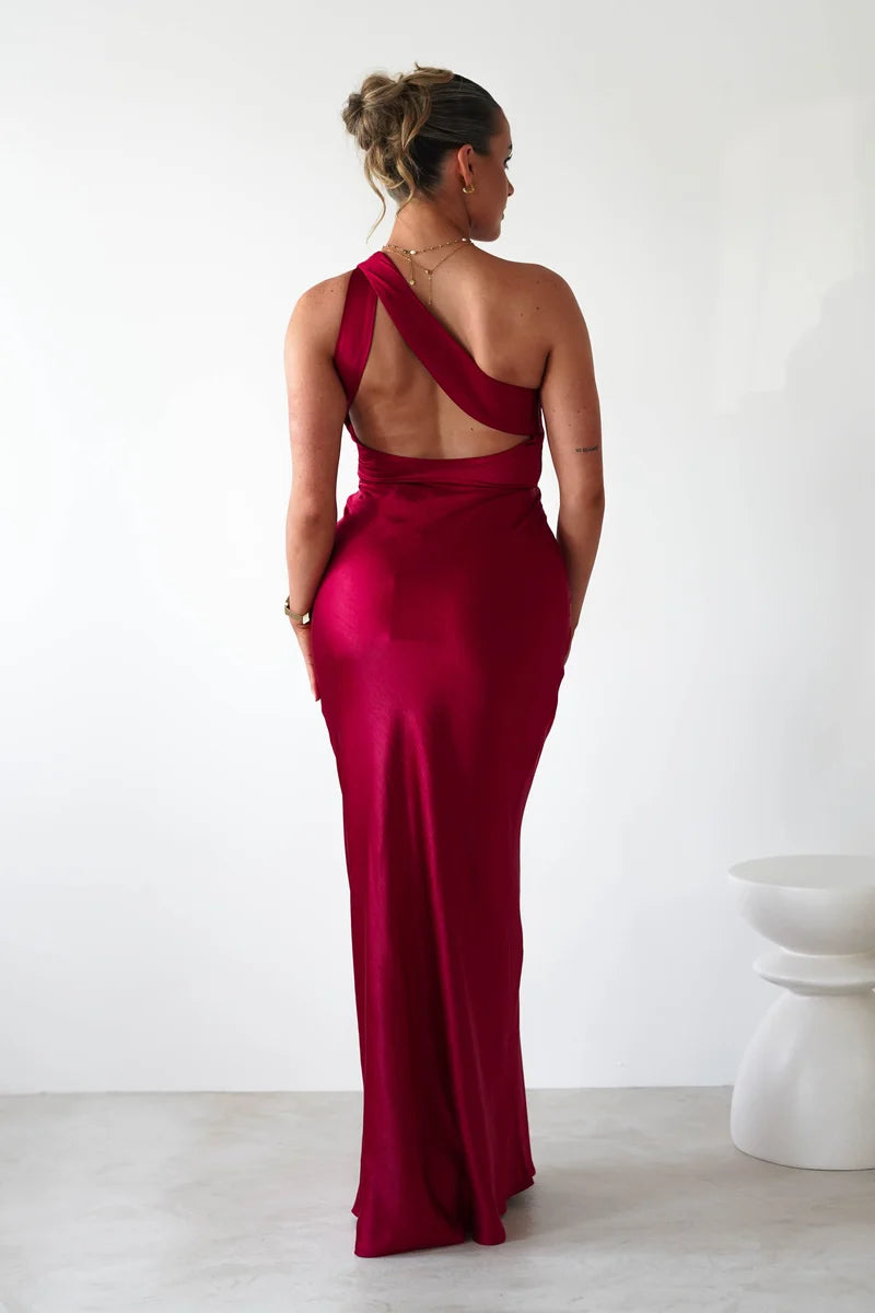 Elegant Column One Shoulder Sleeveless Cutout Back Maxi Wedding Guest Dress