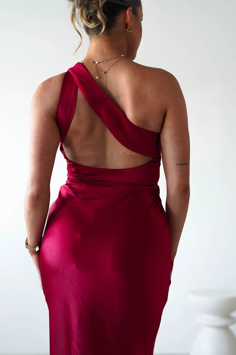 Elegant Column One Shoulder Sleeveless Cutout Back Maxi Wedding Guest Dress