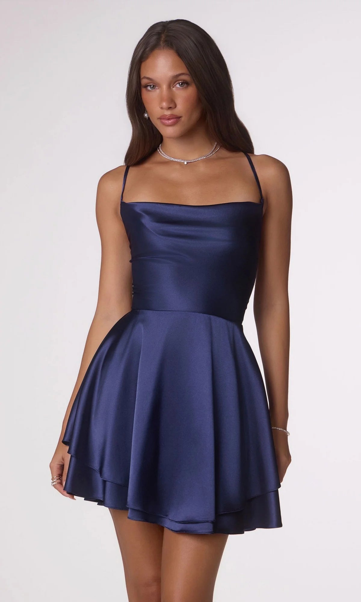 Chic A Line Cowl Neck Spaghetti Strap Satin Mini Homecoming Dress
