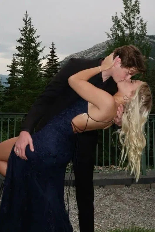 Loverlm Stunning Satin Mermaid V-Neck Spaghetti Strap Lace-Up Back Prom Dress