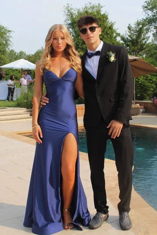 Loverlm Stunning Satin Mermaid V-Neck Spaghetti Strap Lace-Up Back Prom Dress