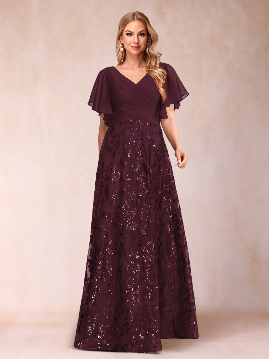 Elegant A-Line V-Neck Flutter-Sleeve Zipper-Back Floor-Length Mother of the Bride Dress