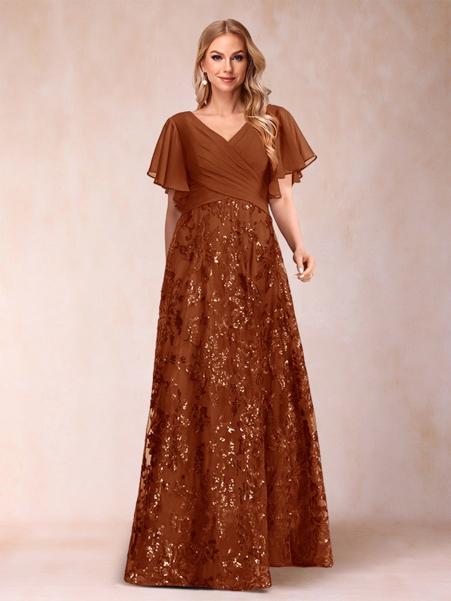 Elegant A-Line V-Neck Flutter-Sleeve Zipper-Back Floor-Length Mother of the Bride Dress