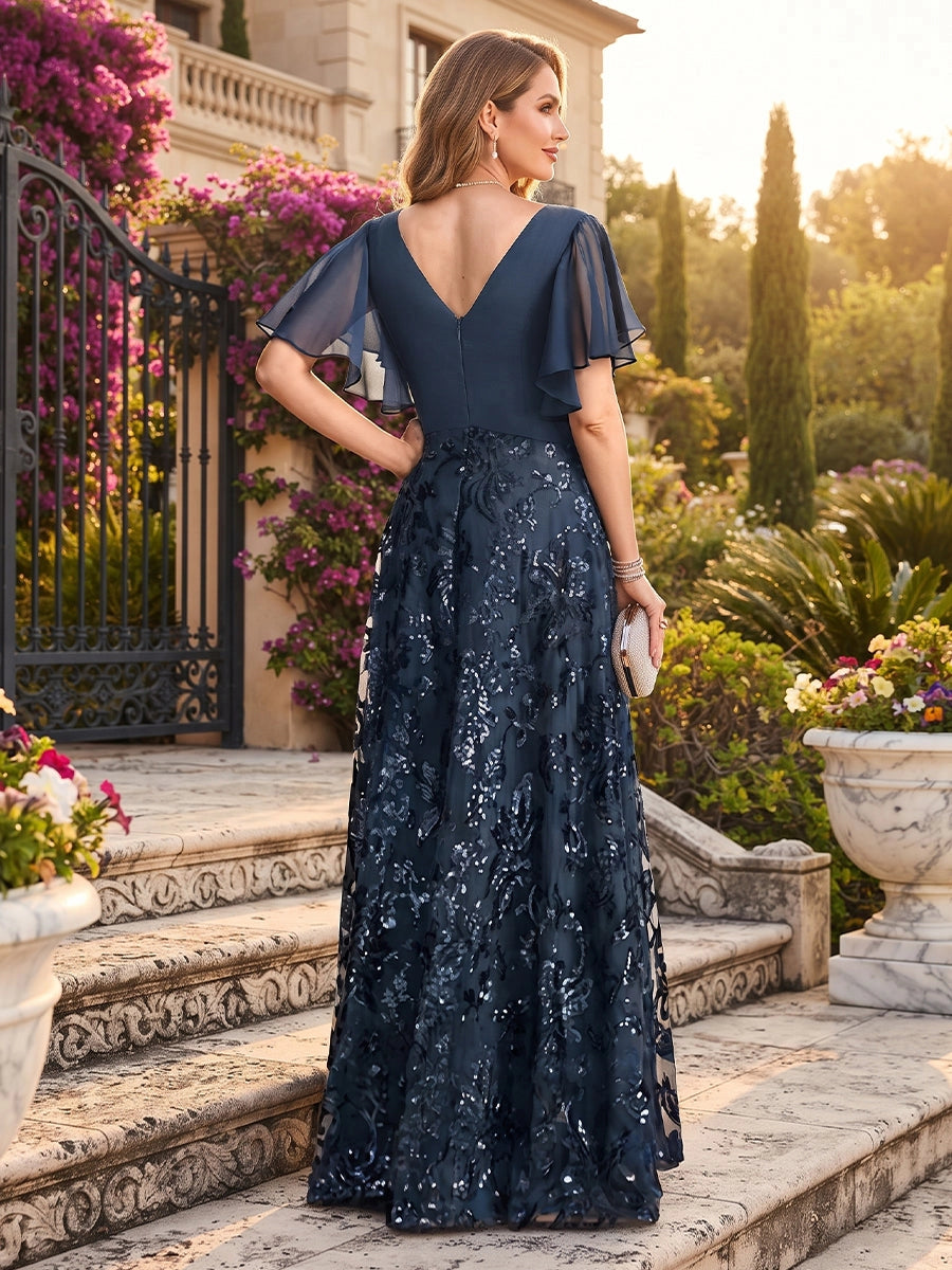 Elegant A-Line V-Neck Flutter-Sleeve Zipper-Back Floor-Length Mother of the Bride Dress