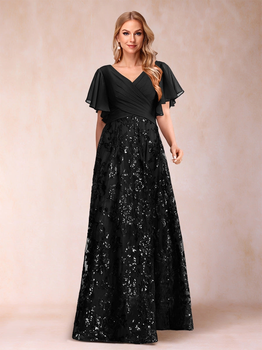 Elegant A-Line V-Neck Flutter-Sleeve Zipper-Back Floor-Length Mother of the Bride Dress