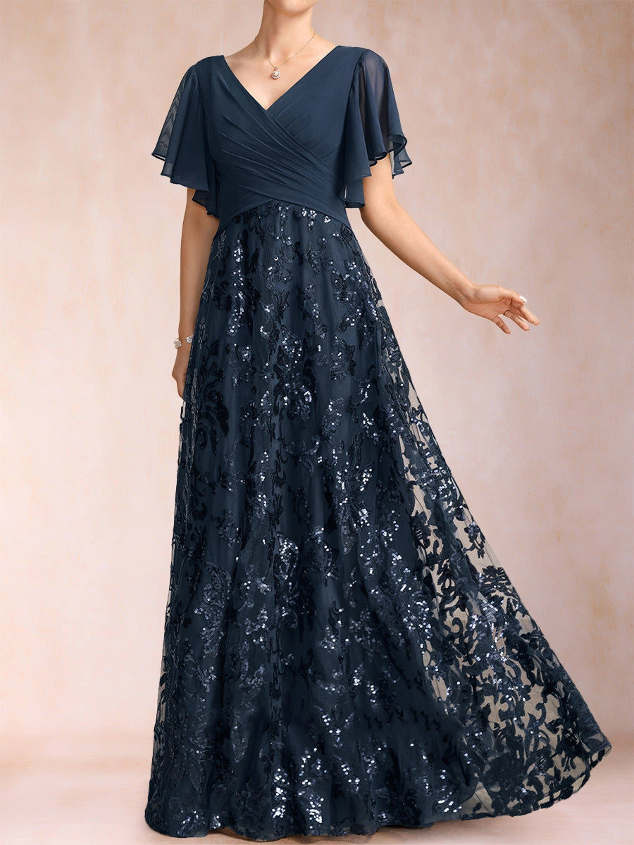 Elegant A-Line V-Neck Flutter-Sleeve Zipper-Back Floor-Length Mother of the Bride Dress