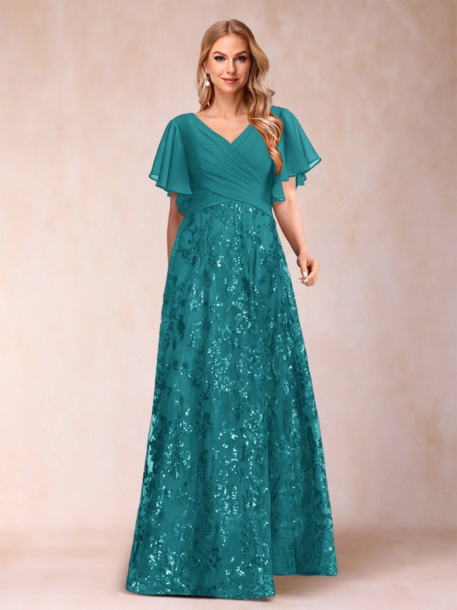 Elegant A-Line V-Neck Flutter-Sleeve Zipper-Back Floor-Length Mother of the Bride Dress