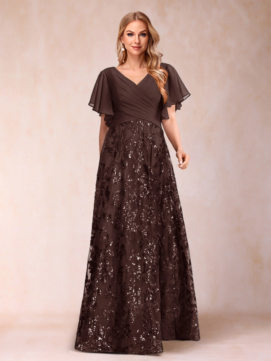Elegant A-Line V-Neck Flutter-Sleeve Zipper-Back Floor-Length Mother of the Bride Dress
