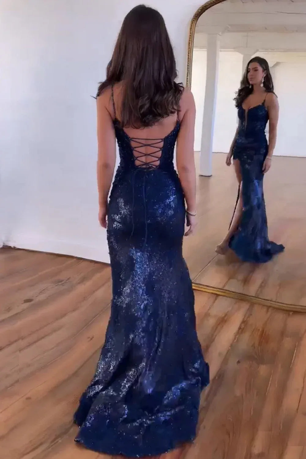 Glamorous Sequined Lace Sheath Plunging Sleeveless Lace Up Back Long Prom Dress