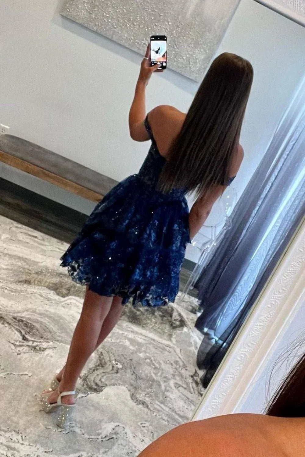 Sparkly Navy A-Line Sweetheart Off-Shoulder Tiered Mini Homecoming Dress