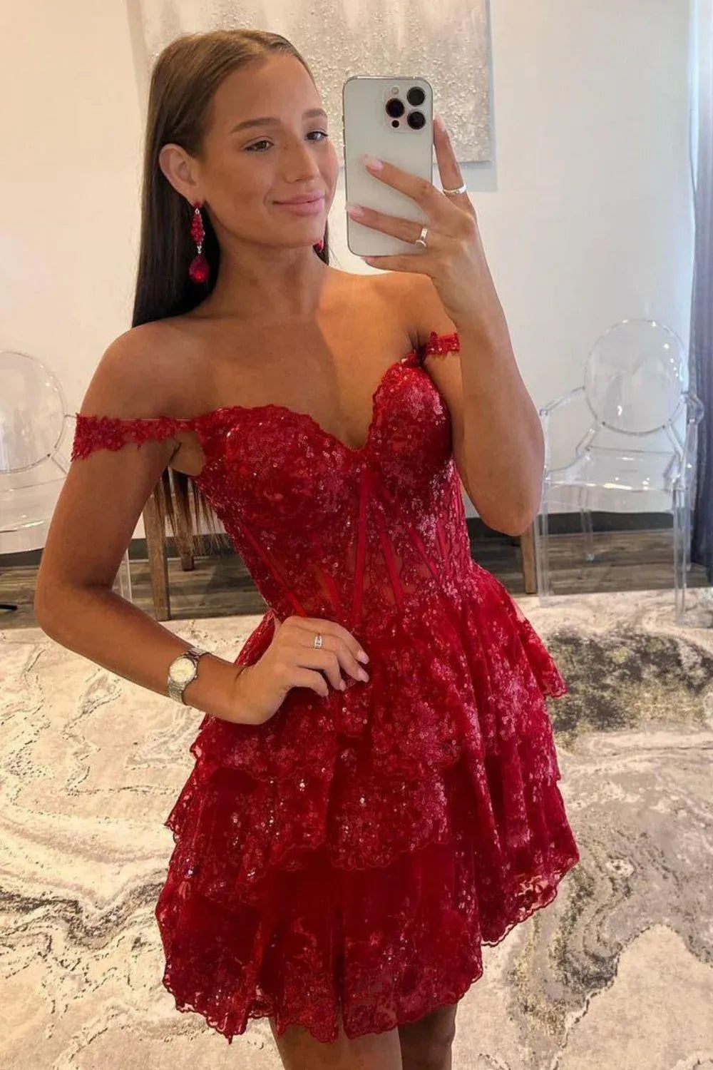 Sparkly Navy A-Line Sweetheart Off-Shoulder Tiered Mini Homecoming Dress