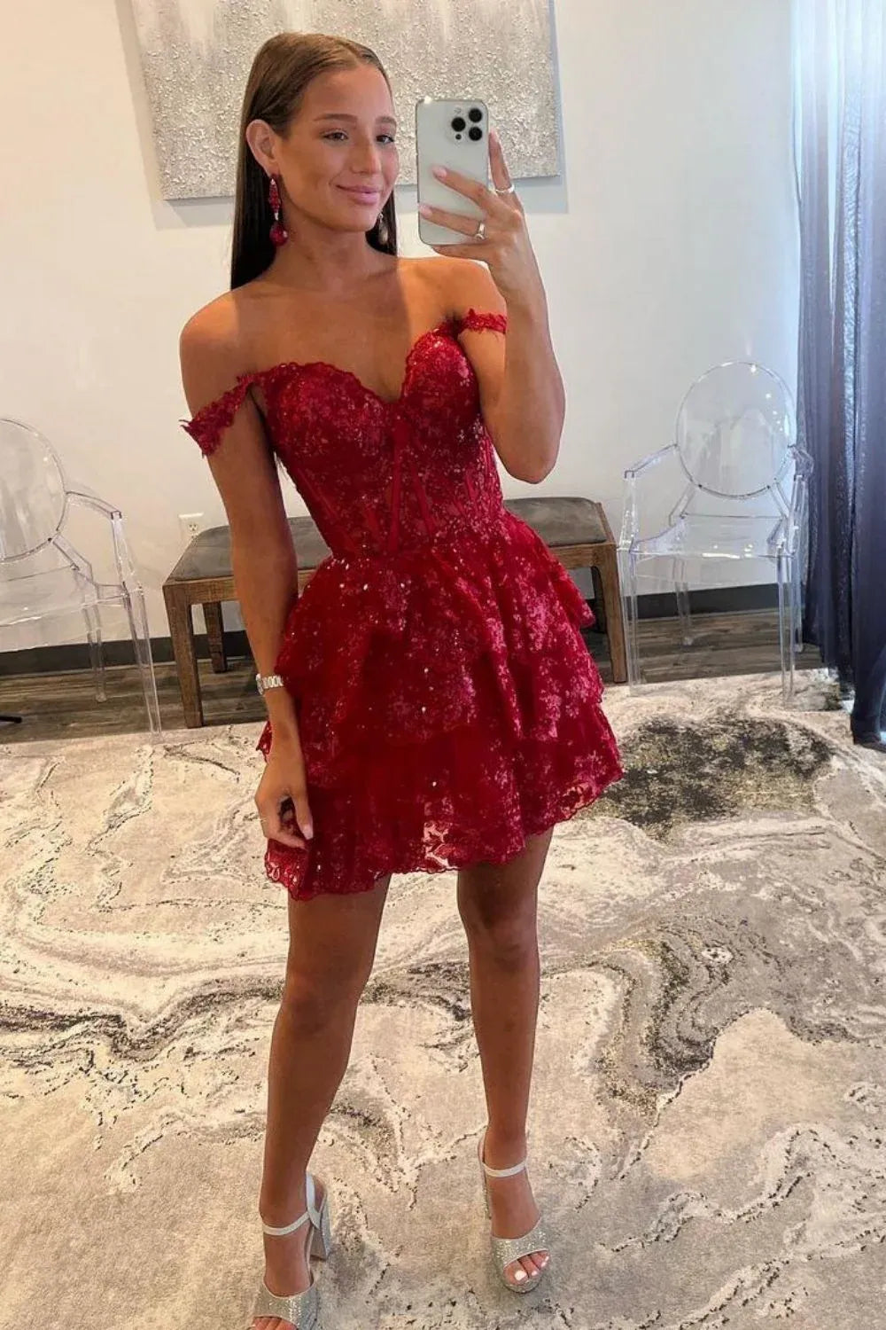 Sparkly Navy A-Line Sweetheart Off-Shoulder Tiered Mini Homecoming Dress