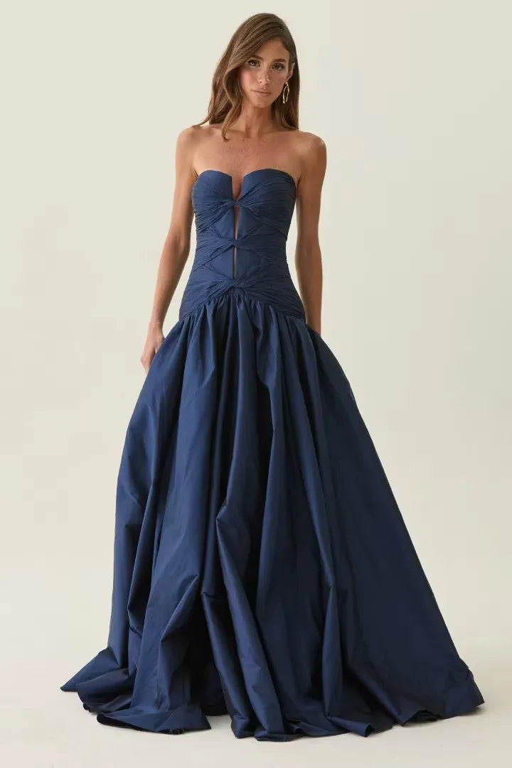 Loverlm navy blue prom dress with strapless sweetheart neckline ruched drop-waist bodice cutouts and full floor-length ball gown skirt