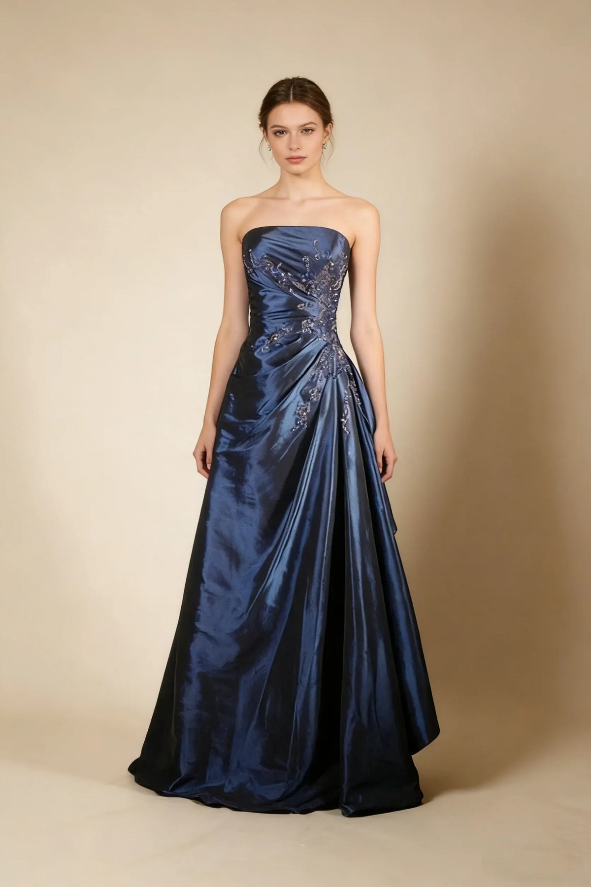 Elegant A-Line Strapless Sleeveless Zipper Back Floor-Length Satin Evening Dress