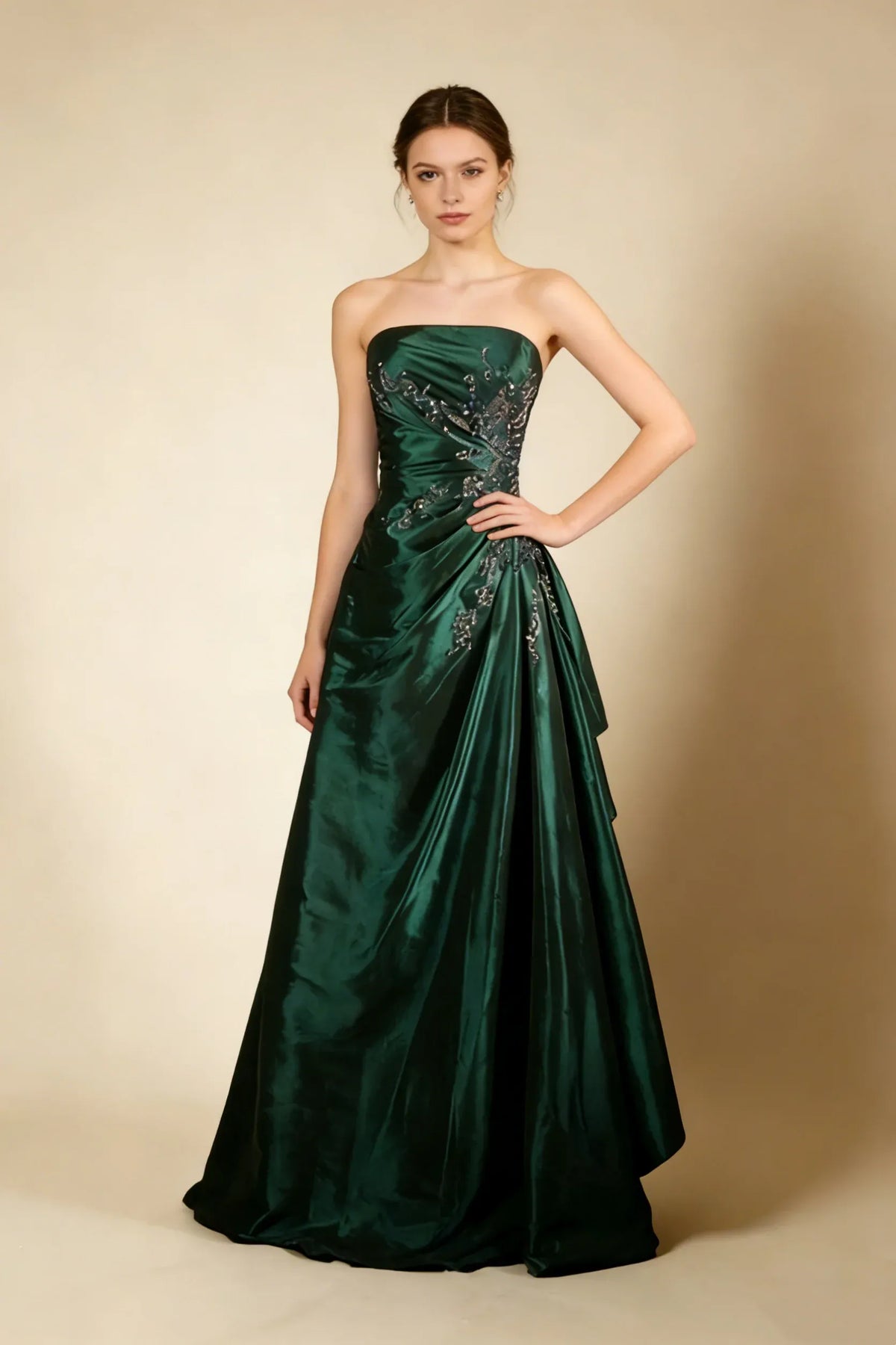 Elegant A-Line Strapless Sleeveless Zipper Back Floor-Length Satin Evening Dress