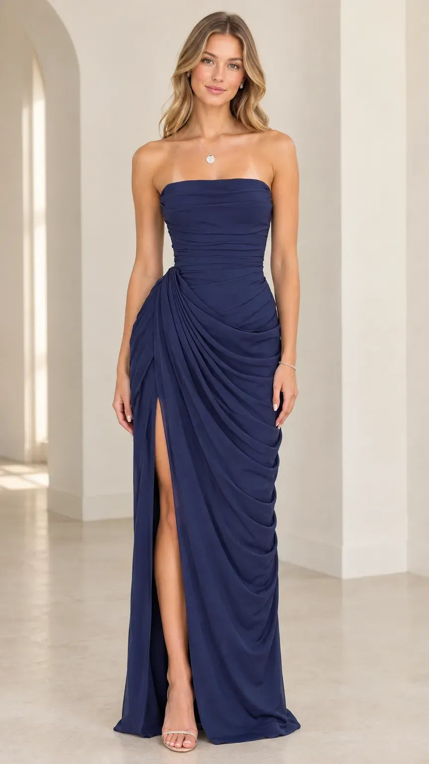 Loverlm navy blue strapless evening dress with ruched bodice high slit and floor-length sheath silhouette