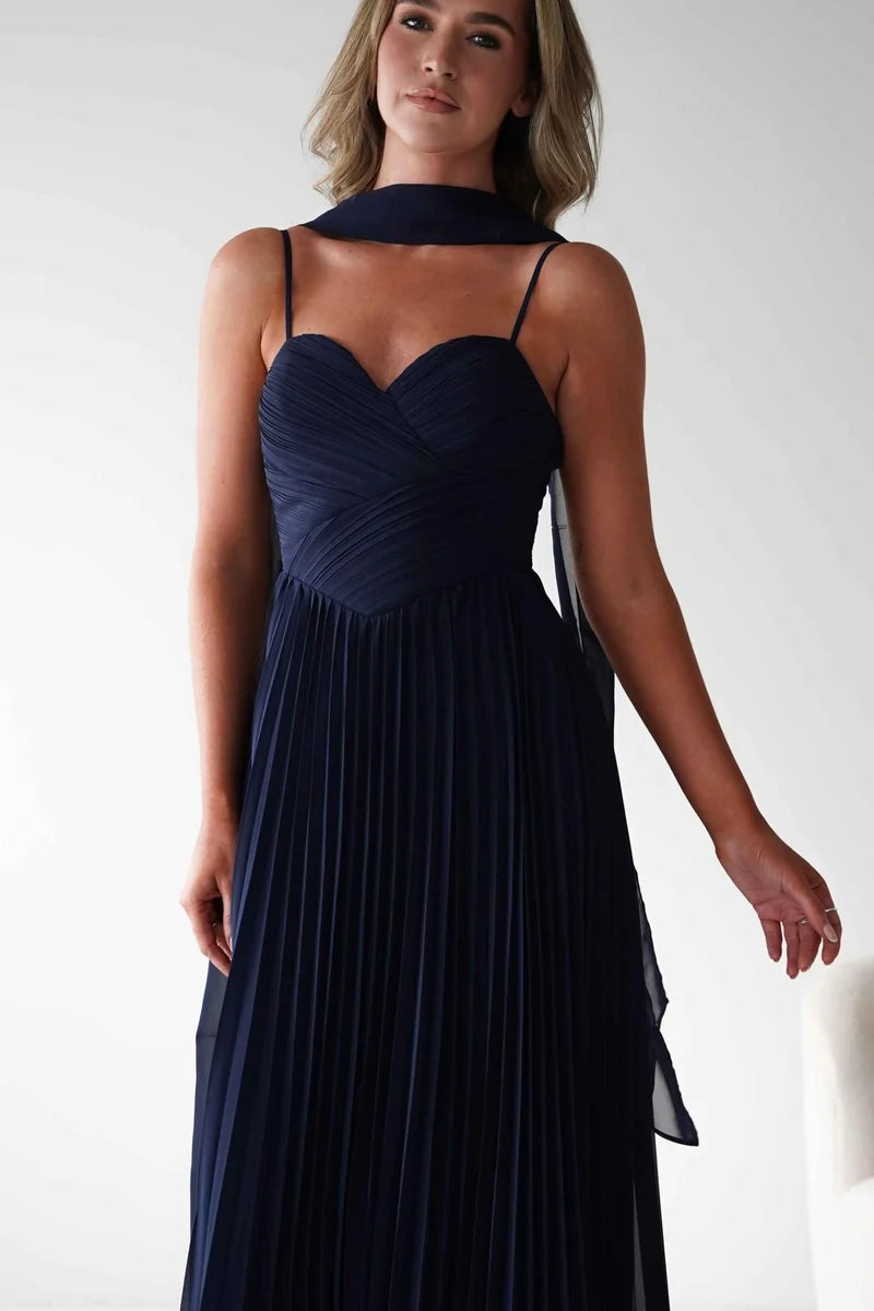 Elegant A-Line Sweetheart Spaghetti Strap Zip Back Pleated Maxi Prom Dress