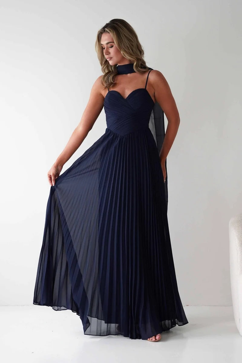 Elegant A-Line Sweetheart Spaghetti Strap Zip Back Pleated Maxi Prom Dress