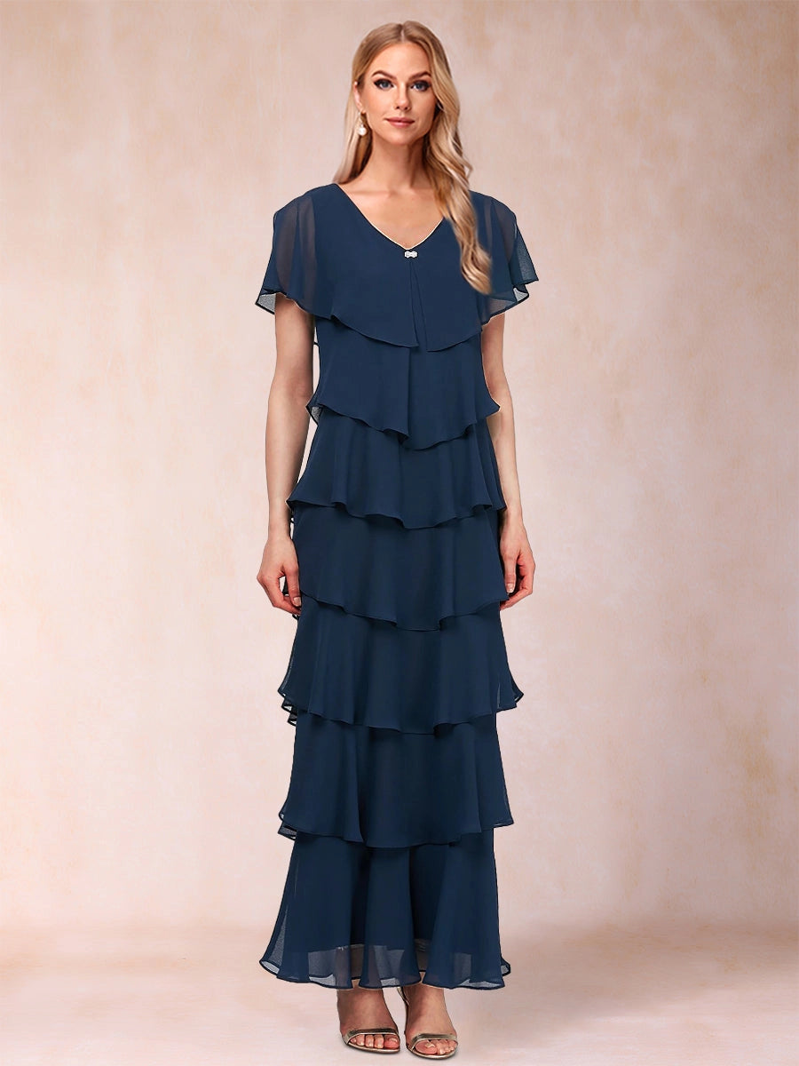 Loverlm navy blue mother of the bride dress with V-neckline, flutter sleeves, cascading ruffle tiers and ankle-length A-line skirt, front view