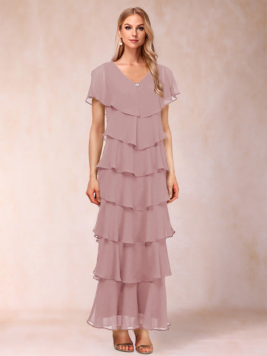 Elegant A-Line V-Neck Flutter Sleeve Closed Back Tiered Ankle-Length Mother of the Bride Dress